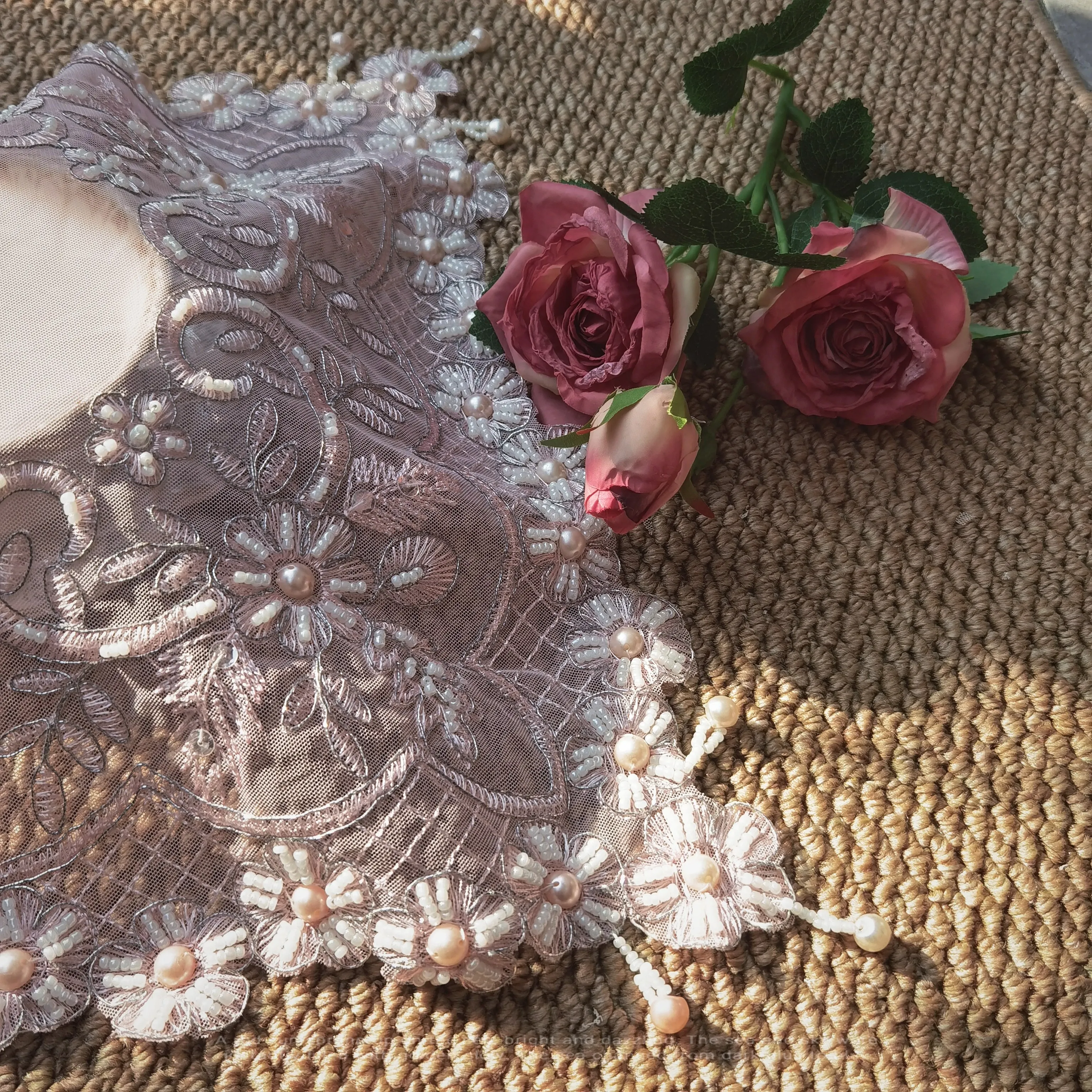 Pink Embroidered Placemats Lace Napkins Luxurious Handmade Beaded Coasters Furniture Decor Small Covers Birthday Table Decor view 5