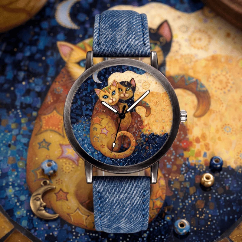 Unique Animal Art Cat Pattern Woman Watches Fashion Analog Quartz Wristwatch For Women Casual Denim Strap Creative Design Clock