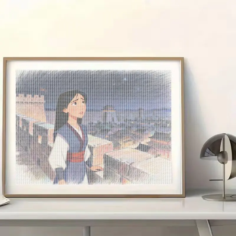 1 szt. Zestaw do samodzielnego wykonania obrazu diamentowego 5D, Mulan Wojowniczka Księżniczka i Widok na Starożytną Miasteczko w Nocy, Duży Rozmiar 40x50CM, Kryształki Rhinestone