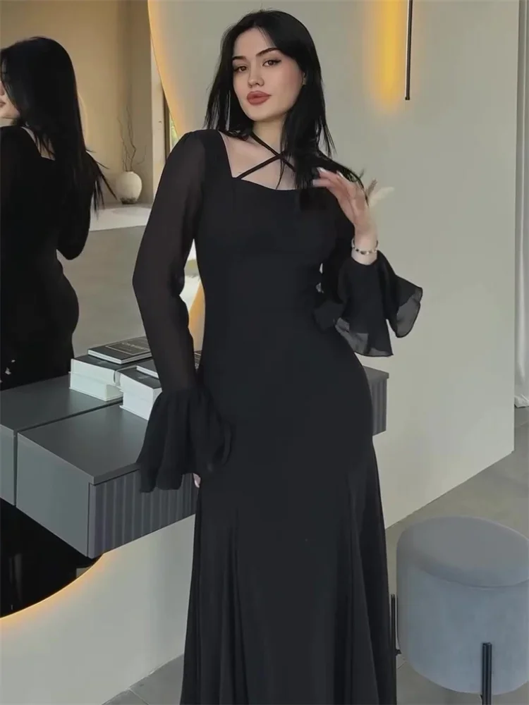 Tossy Fashion Autumn Ruffled Long Dress Women Bandage Slim High Waist Elegant Patchwork Party Dress Damska szyfonowa sukienka maxi