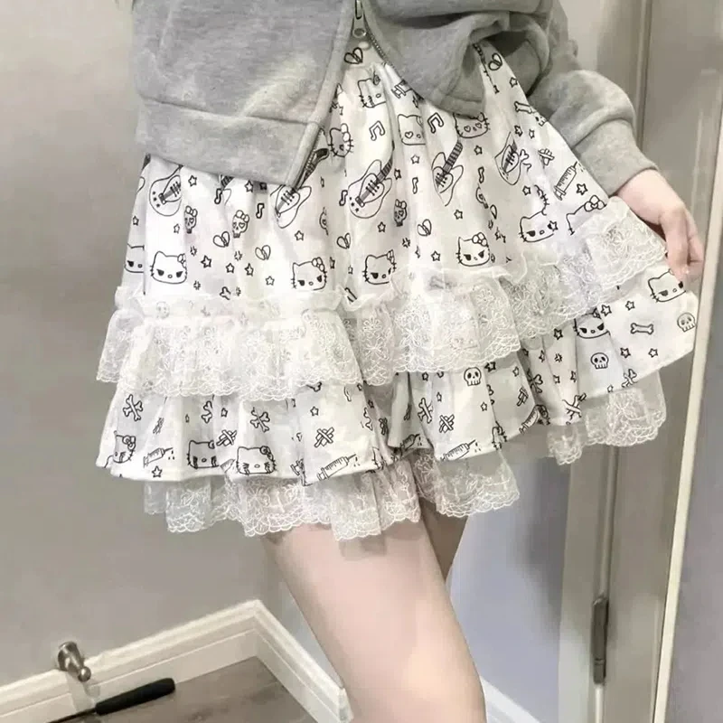 

Summer Dark Hello Kitty Subculture Y2k Babes Short Skirt Print Lace Lace Puffy Skirt Female