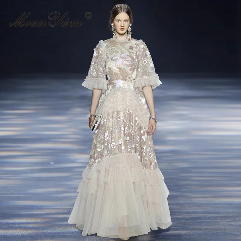 MoaaYina 2025 Frühling und Sommer Rundhals-Kleid mit Trompetenärmeln, Besticktes Puffärmel-Netzkleid, Langes Schwungkleid