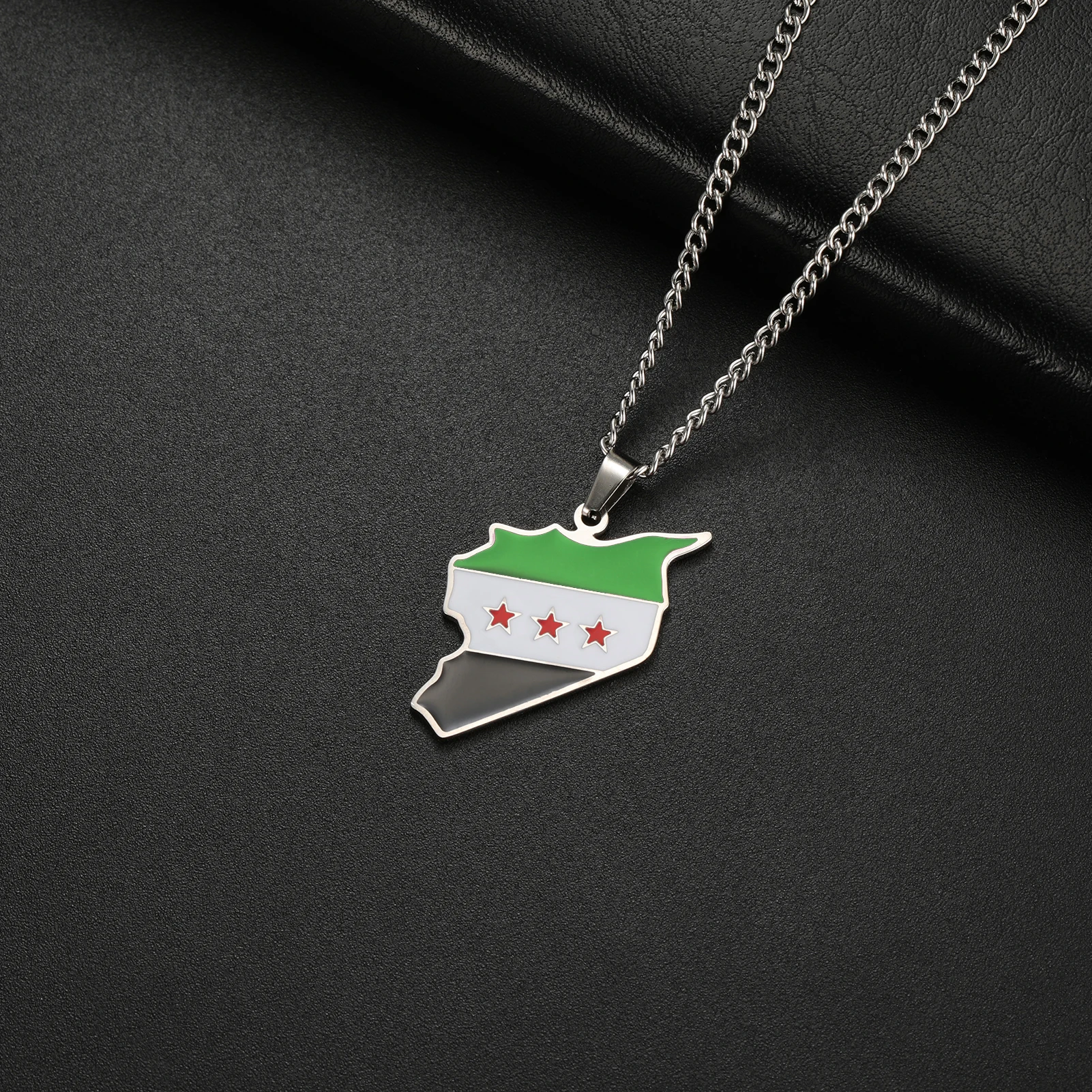 Teamer Syria Map Flag Pendant Necklace Stainless Steel 2MM Chain Green National Flag Necklace Choker Country Geography Jewelry