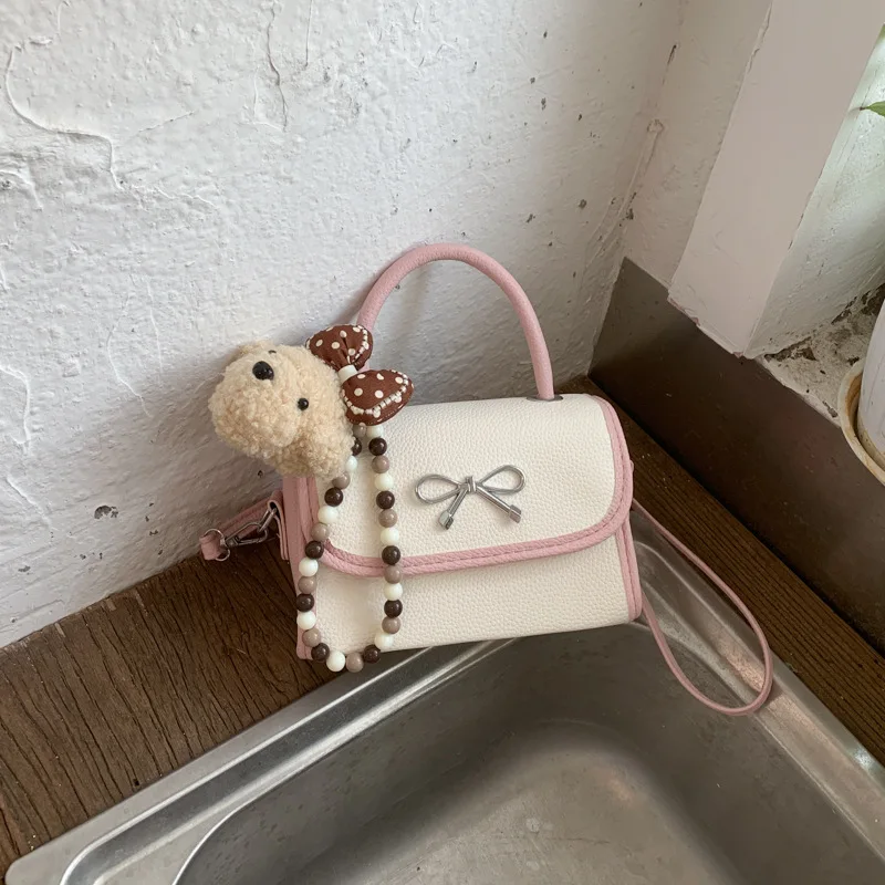 Womens Color Block Mini Square Crossbody Purse Decorated with Bow Bear Charm, Large Capacity Anti-Theft Multi-Compartment Handbag with Adjustable Detachable Shoulder Strap, Lightweight Cute Trendy Versatile Carryall for Daily Outings, Casual Dates, Outdo