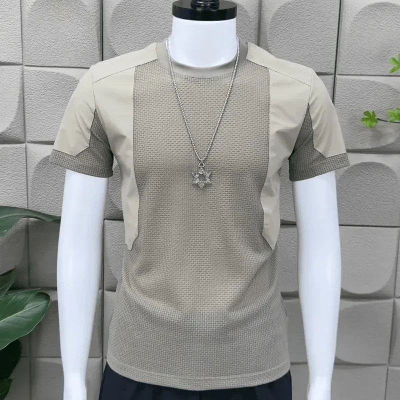 Men Splice  Knit T Shirt Crew Neck Short Sleeve Casual Slim Fit All-match Round Neck Top