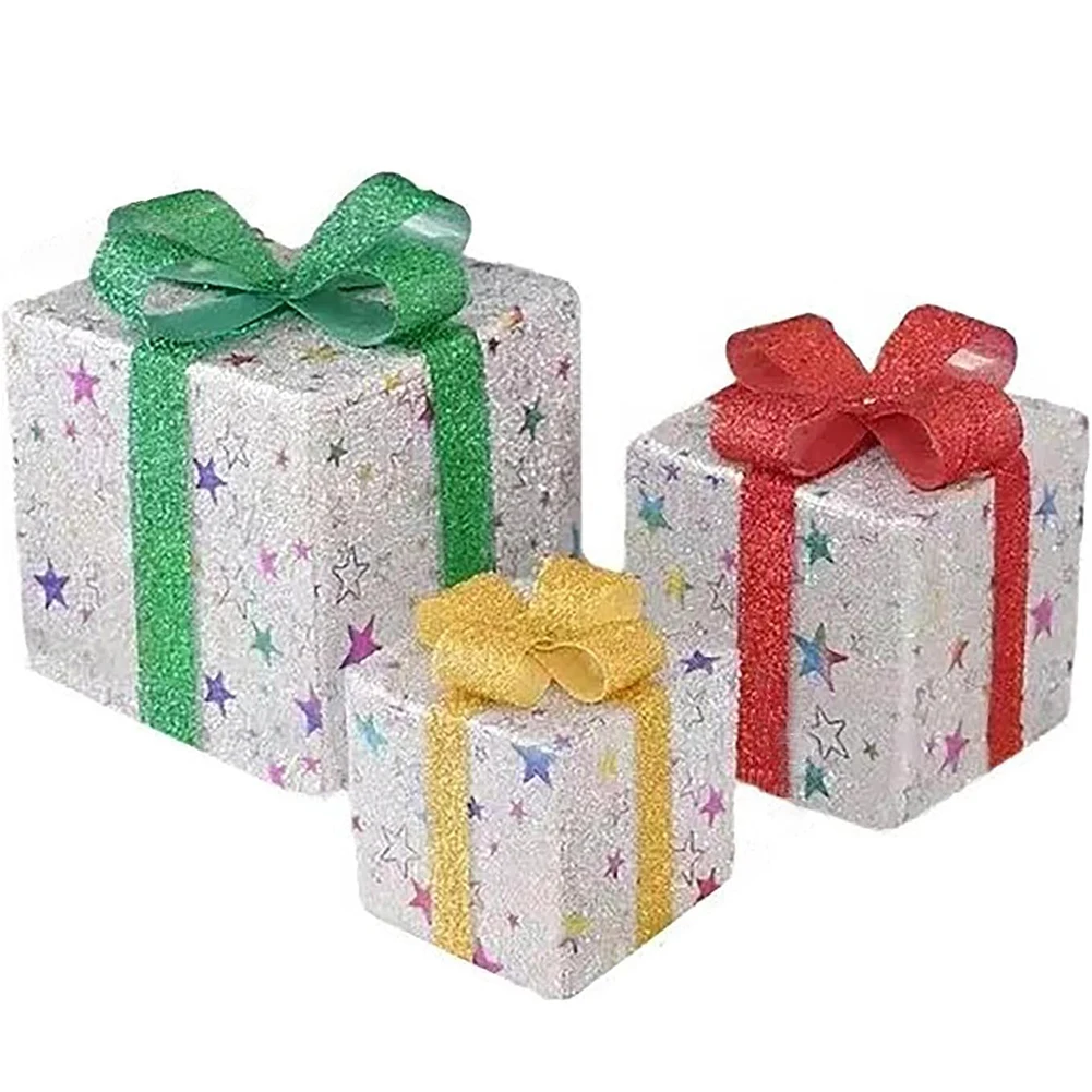 

Set of 3 Outdoor Lighted Boxes with LED Lights for Yard Lawn Christmas Decor Featuring Elk and Snowflake Patterns