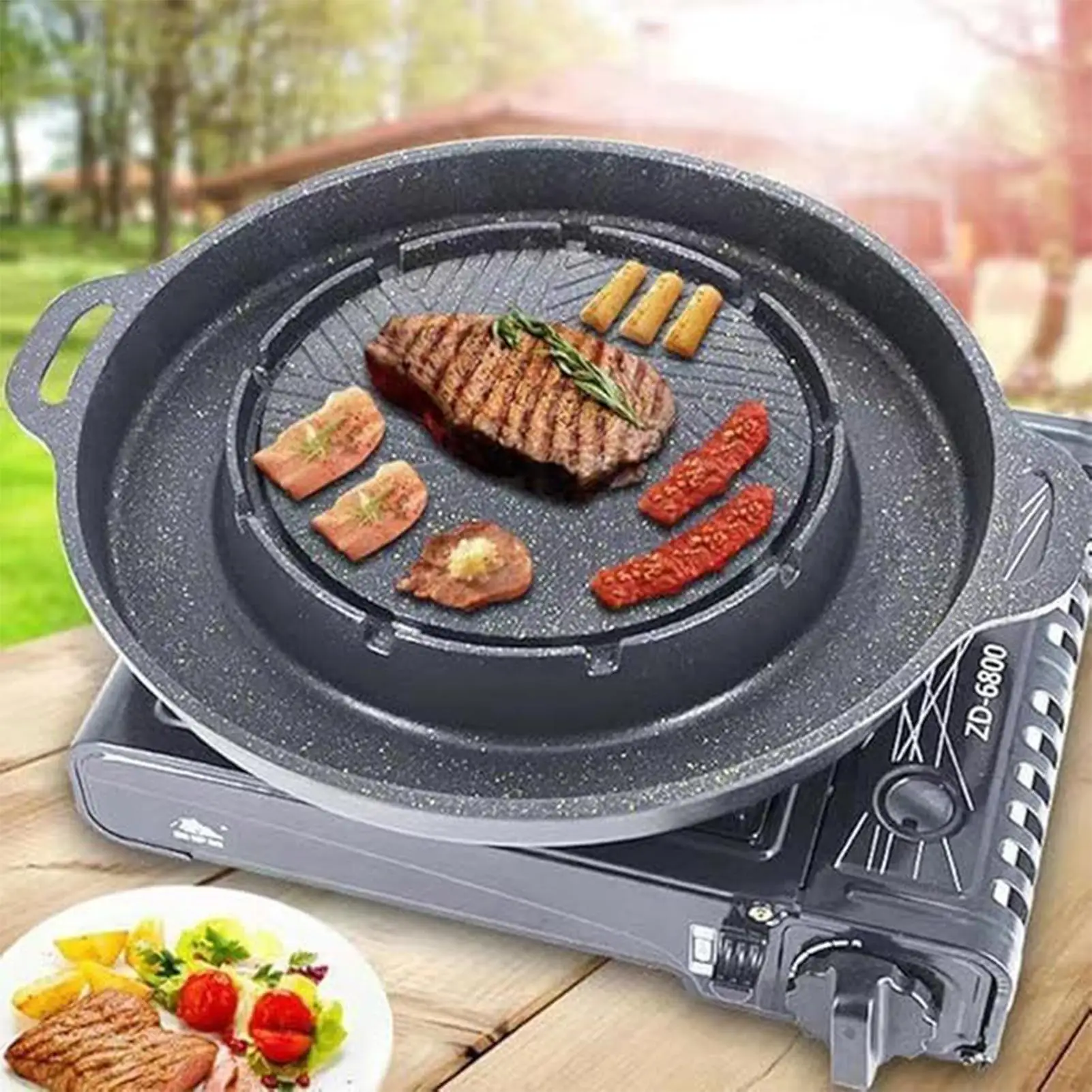 

2 в 1 сковорода-гриль для барбекю с антипригарным покрытием, противень для выпечки, корейская сковорода для барбекю, гриль-плита, горшок для кемпинга, сковорода, плита, верхняя часть Hotpot 33,5 см