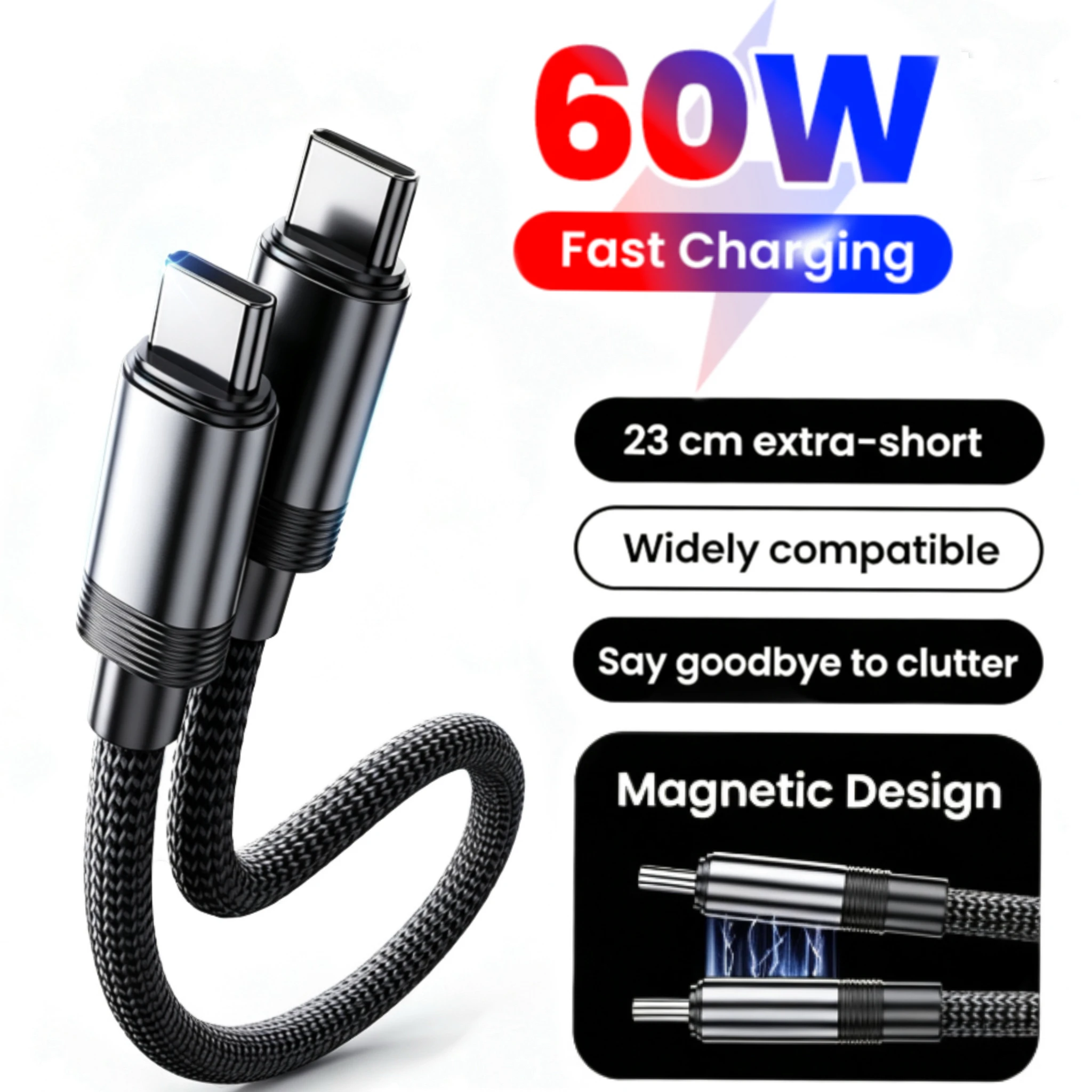 23CM Short USB C Magnetic Data Cable PD 60w Type C To Type C Fast Charging Braided Cable For iPhone15 - 17 Huawei Xiaomi Samsung