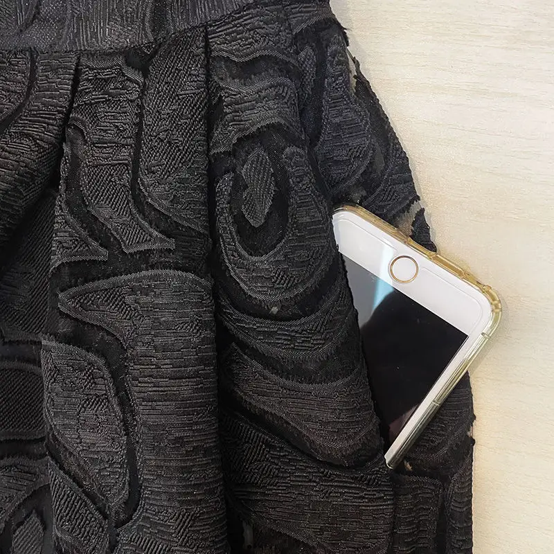 Organza Skirt Puffy Skirt Summer Style Slim Mid-length Mesh Hollow Embroidered Pure Black Pleated Umbrella Skirt