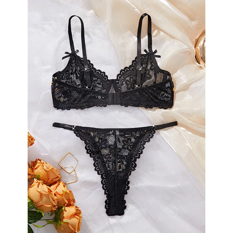 three-piece sexy underwear lace bra set new adjustable soft steel ring anti-sagging gathering lingerie breifs suit