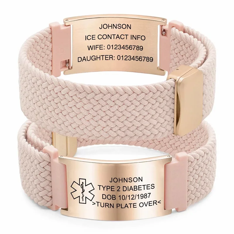 Personalisiertes Medizinisches Warnarmband Elastisches Nylon Individuell Graviertes Etikett Medizinisches ID-Armband Verstellbares Andenken-Geschenk für die Gesundheit – Detail 20