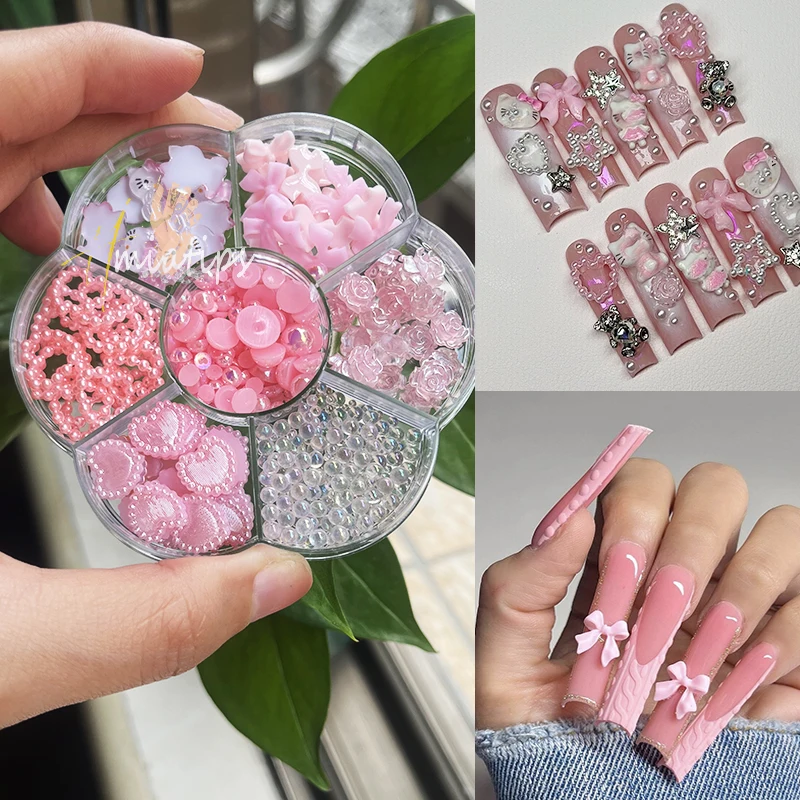 1Box Pink Butterfly Bows Fake Nail Jewelry Set Resin Kawaii Brick Pearl DIY Nail Jewelry Accessories Nails Art Kawaii Girl Gift