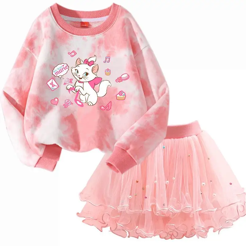

Marie Cat Children Long-sleeved Tops Clothing Kids Bottoming Shirt Crewneck Girl Sweatshirt Pullover Blouse Tutu Skirt Suit