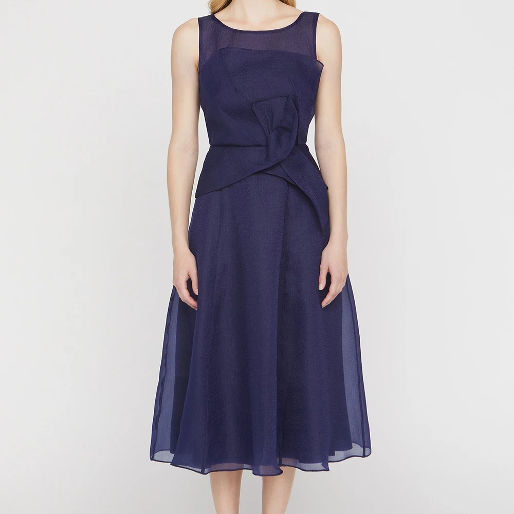 

Customized A-line Evening Dresses Tea-length Scoop-neck Sleeveless Prom Gown Simple Fashion Draped Pleat Casual Party Gown