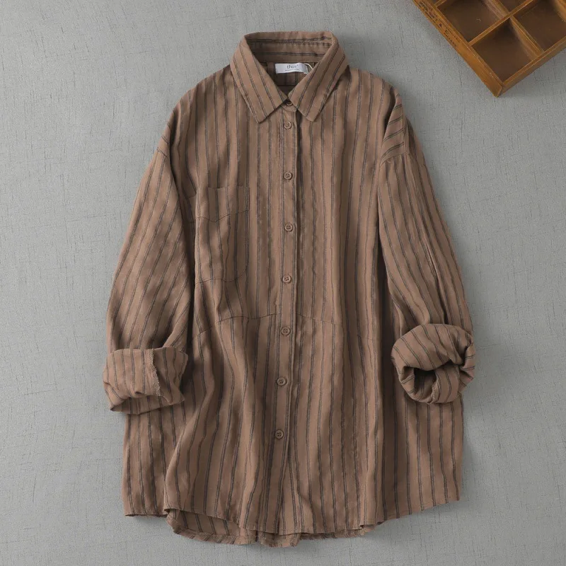 Vertical Striped Linen Shirt Women\'s Autumn Casual Japanese Layered Shirt Long-sleeved Casual Shirts