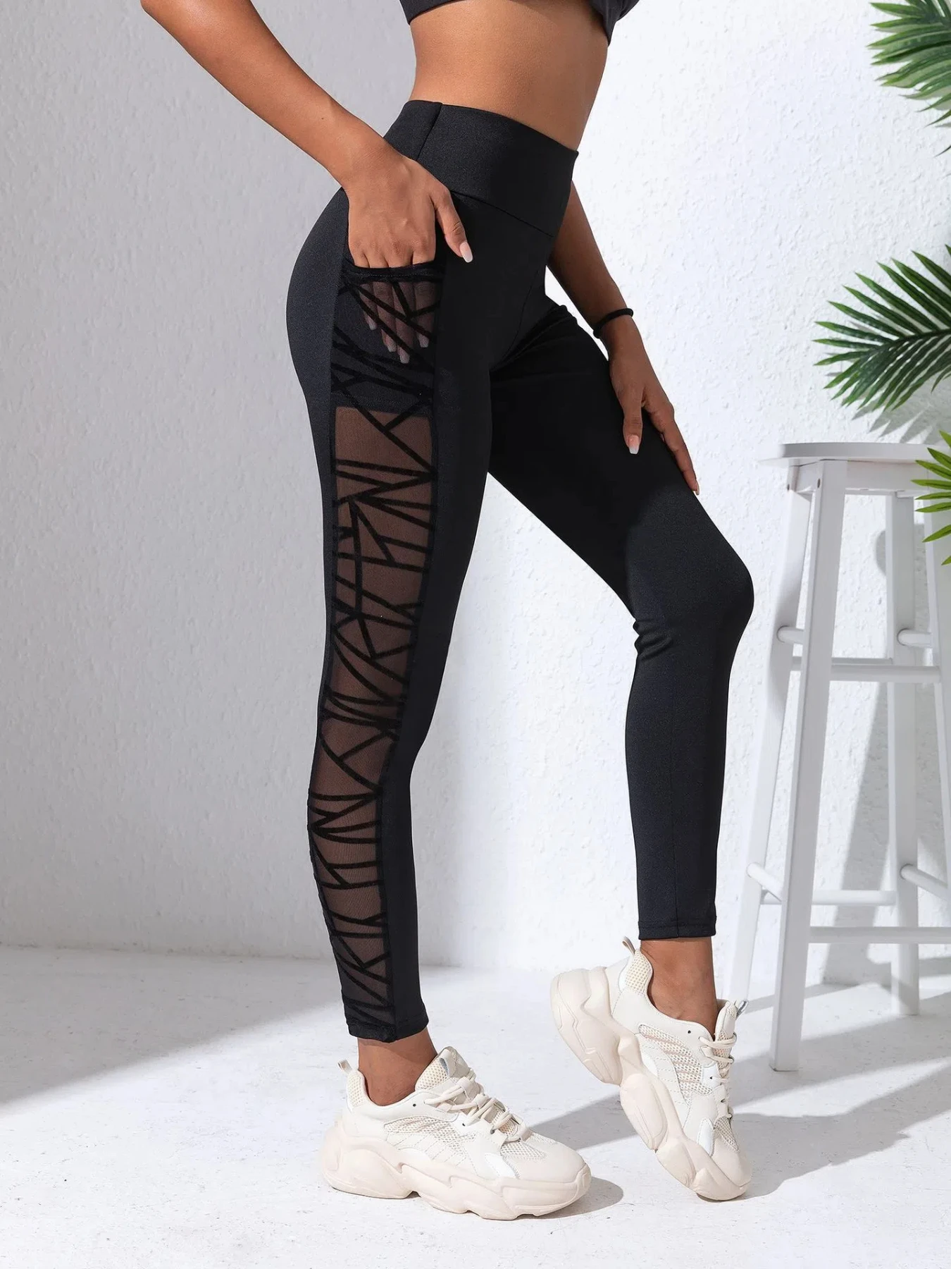 Sexy High Waist Black Mesh Patchwork Yoga Pants Ladies Leggings Side Panel Cut Out Long Pants Fitness Jeggings