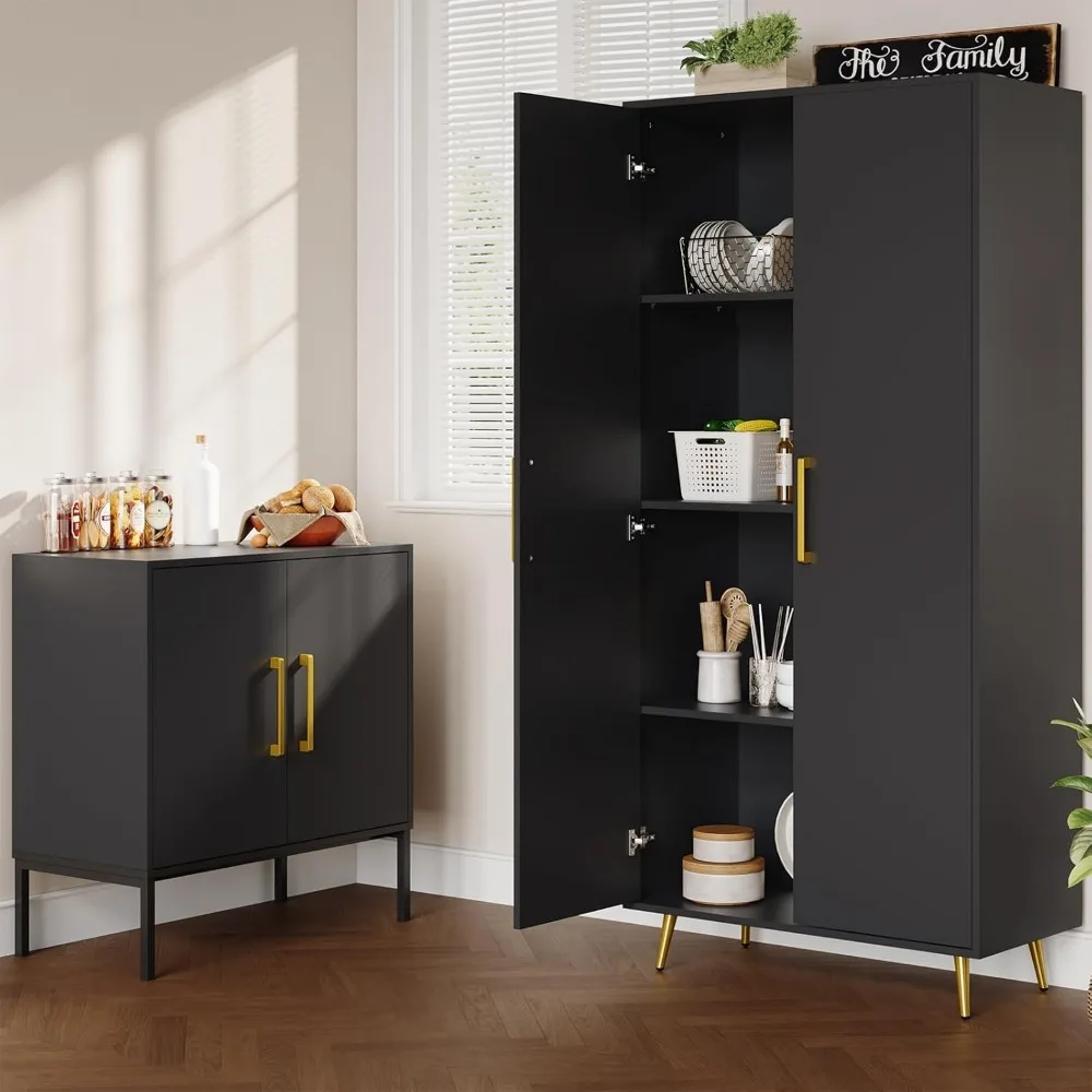 Gabinete de almacenamiento alto, gabinete de despensa de cocina independiente con estante y puertas ajustables, acento de almacenamiento de piso para