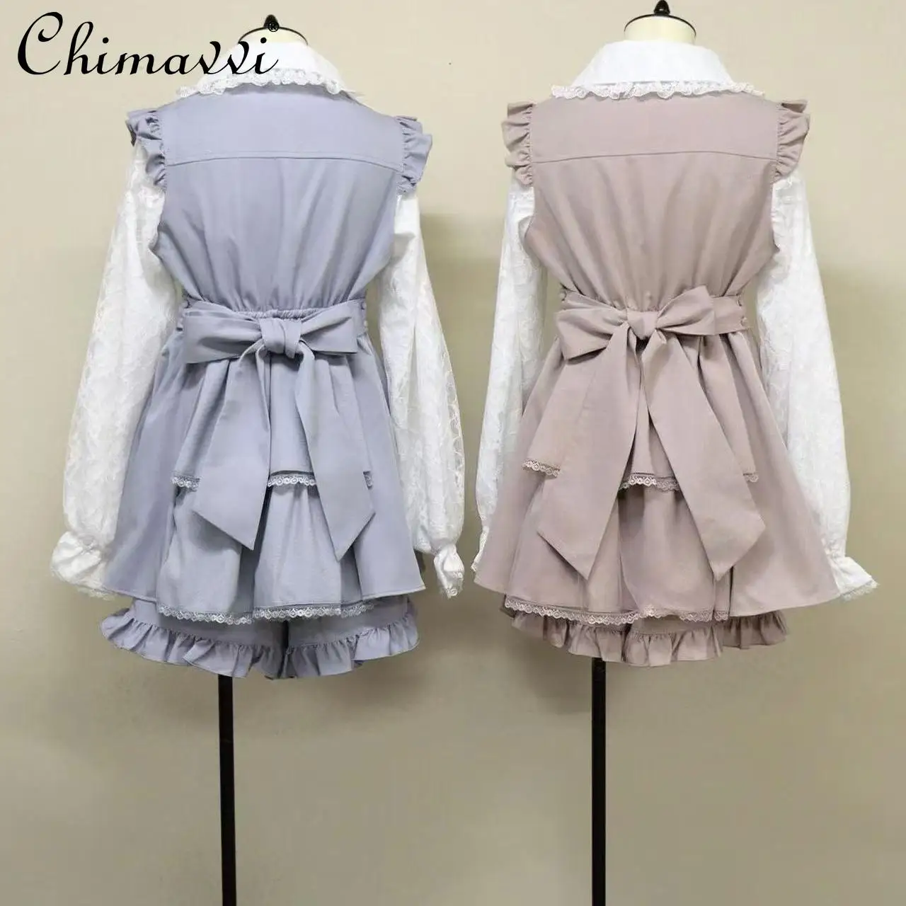 Ensemble deux pièces Lolita pour filles japonaises, robe mince à gros nœud, haut et short, épissage en dentelle, bord champignon, mignon