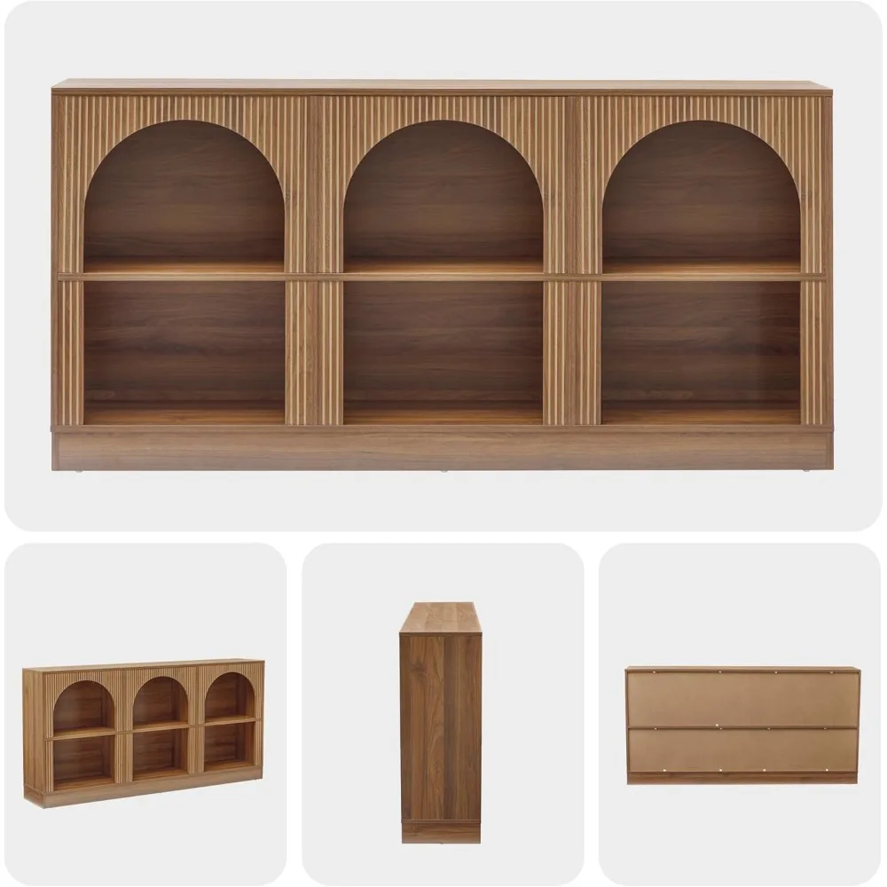 Console Table, with 3-Tier Open Storage, 63 Arched Entryway Table with Carved Fluted Panels, Rectangular Wooden Sofa Table
