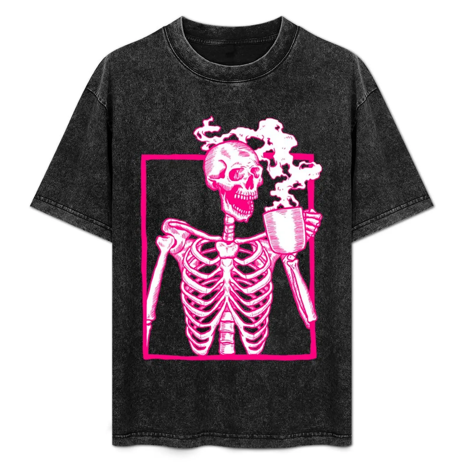 

halloween skeleton drinking coffee pink T-Shirt Summer Festival T-Shirt