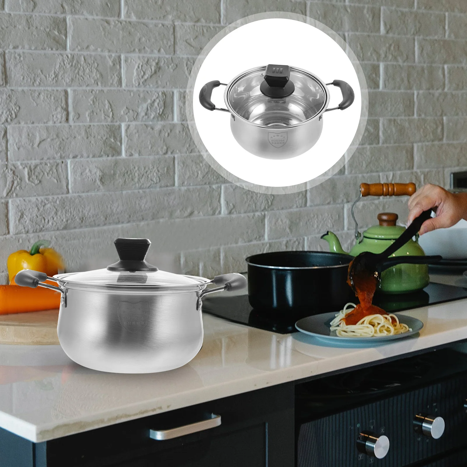 

1Pcs Double-Handle Cooking Pot Stainless Steel Large Capacity Suitable for Gas Induction Stove Heat Resistant Kitchen Stockpot