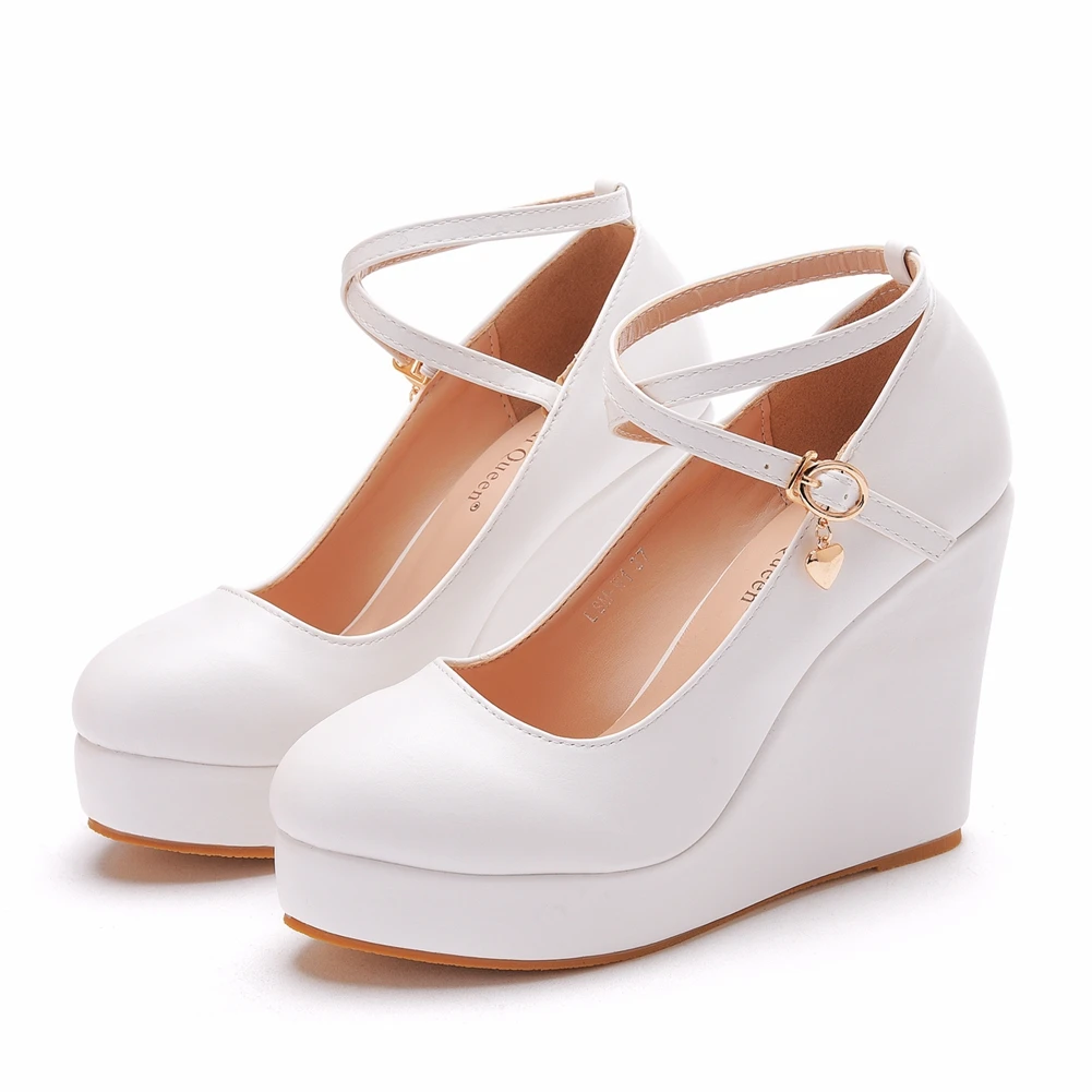 Crystal Queen White Platform Wedges Pumps Women High Heels Shoes Round Toe Cross Ankle-Strap Large Sizes