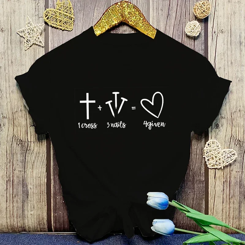 Girl T Shirt Soft Print Top Unisex Tee Clothing Casual O-Neck Fashion Christianity Jesus 1 Cross 3 Nails 4 Given Print T-Shirt