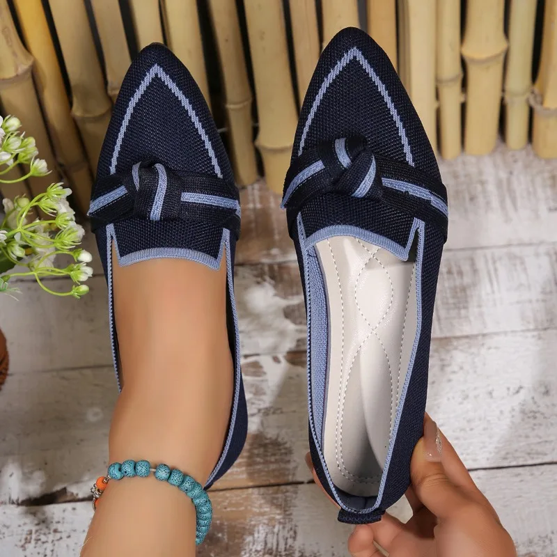 

New Women Bowknot Pointed Toe Breathable Mesh Casual Shoes Comfort Walkers Ladies Light Lace Up Soft Sole Flats Zapatos De Mujer