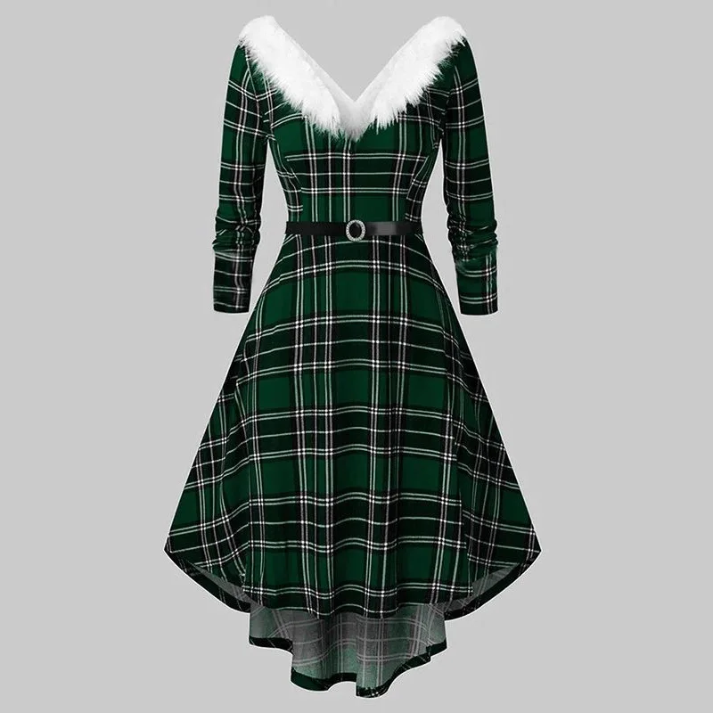 2025 Autunno Inverno Festa di Capodanno Abiti da donna Natale Moda Tinta unita Scollo a V Peloso Splicing Manica lunga Gonna a trapezio