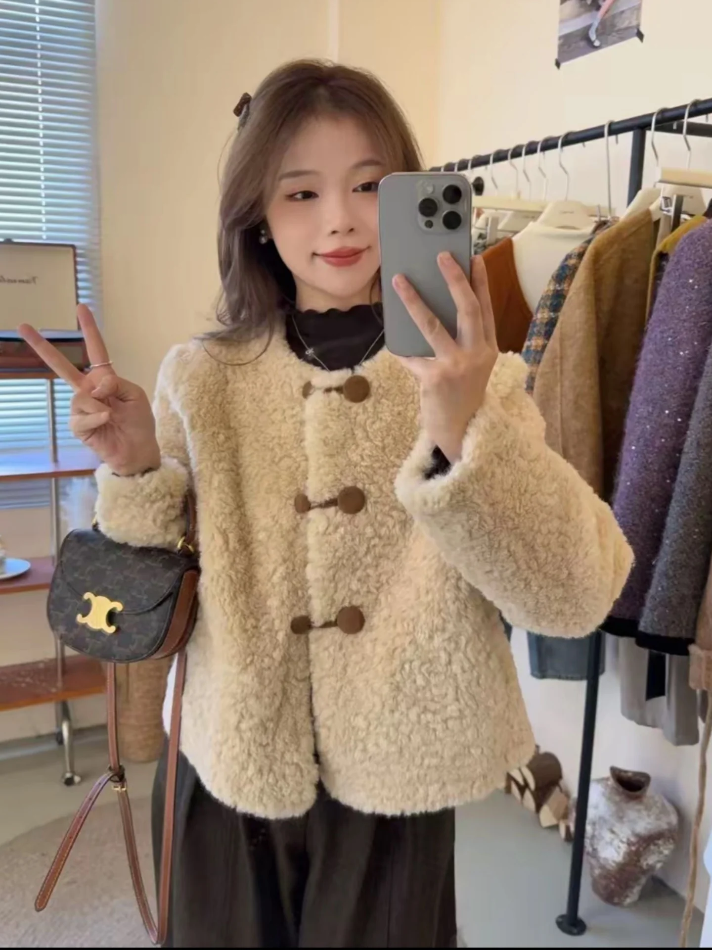 

Lamb Fur Jacket Women's Thickened Warm Outerwear Autumn Winter New Style Popular Cleanfit Loose Fit Bright Surface round Neck