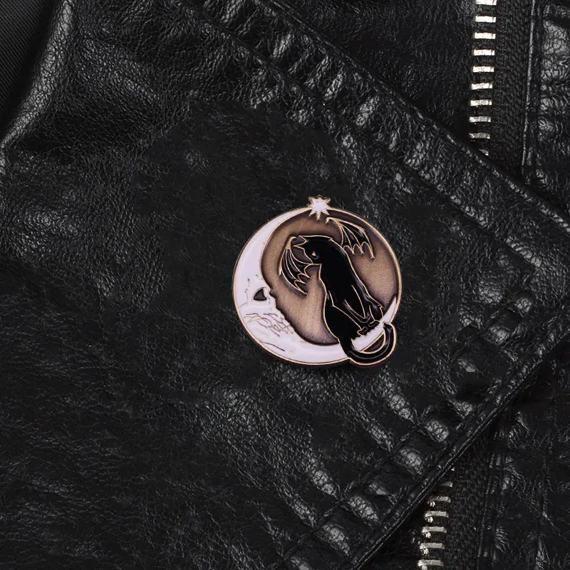 Skull Crescent Moon Bat Cat Enamel Pin Gothic Mystery Animal Brooch Jewelry Halloween Gifts for Kitty Owners