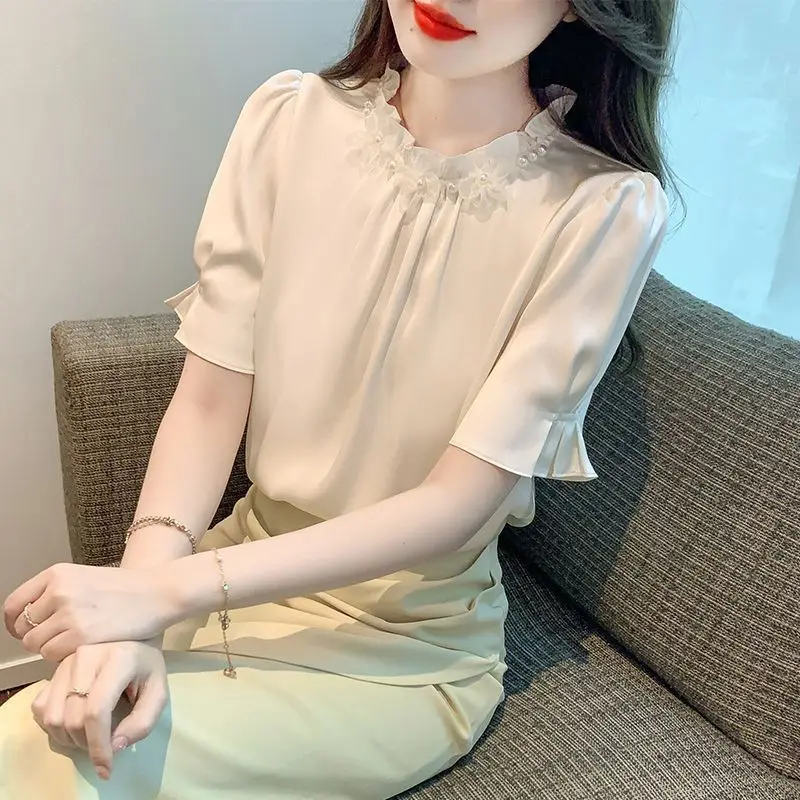 

Elegant Women Top Summer Short Sleeve Shirt Loose Slim Fit French Design Ruffle Blouse