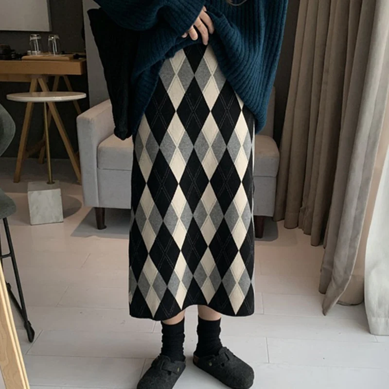 

Классические черные, серые клетчатые трикотажные юбки, женские эластичные свитера с высокой талией, женские осенне-зимние мягкие юбки трапециевидной формы Mujer