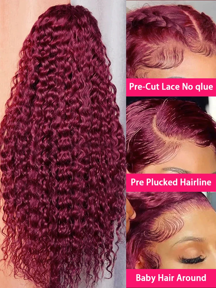 99J Burgundy Curly 13x6 Hd Lace Frontal Wig Human Hair 100% Brazilian 13x4 Water Deep Wave Red Colored Wig For Women 30 40 Inch