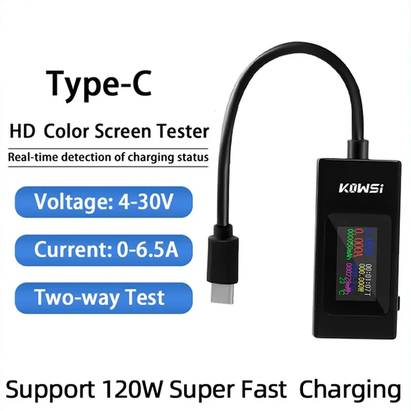 KWS-065C USB/Type-C Stroomspanningstester LCD-kleurenscherm 0-6,5A Batterijcapaciteitsdetector QC2.0 3.0 PD VOOC Snel opladen