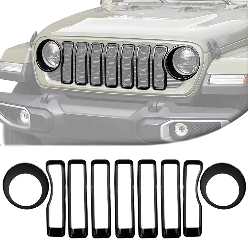 Für Jeep Wrangler JL JLU 2018-2022 Mesh Frontgrill Einsatz Scheinwerfer Abdeckung Zierleiste Schwarz 1 Set Außenzubehör – Detail 5