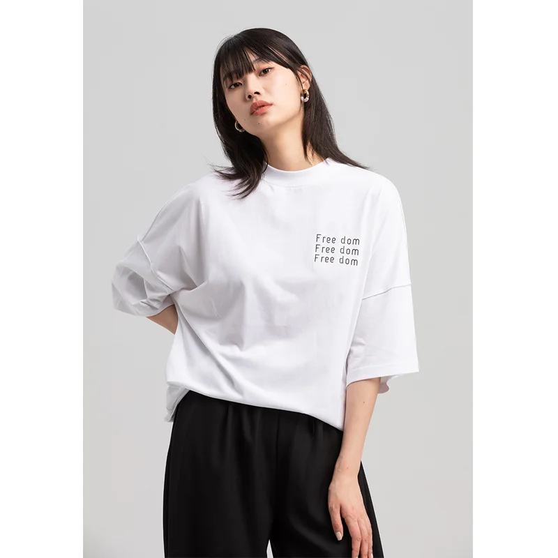 SheonDHF ins fashion long print black and white short sleeve T-shirt women's T-shirt round neck Pullover loose thin top