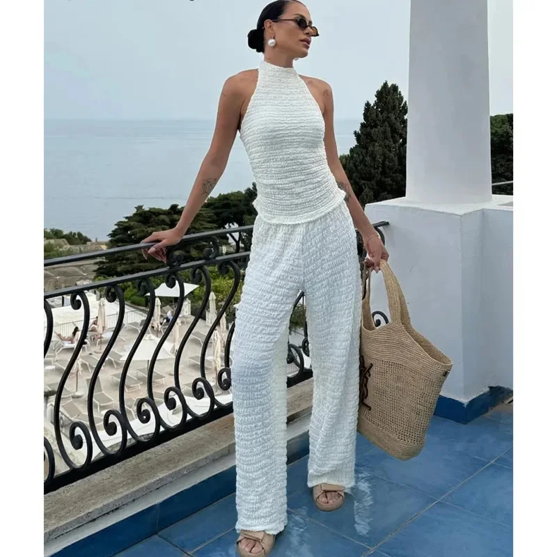 

Elegant Solid Pleated Halter Top Pants Sets Women Sleeveless Backless Slim Tops High Waist Wide Leg Trouser 2024 Summer Suits