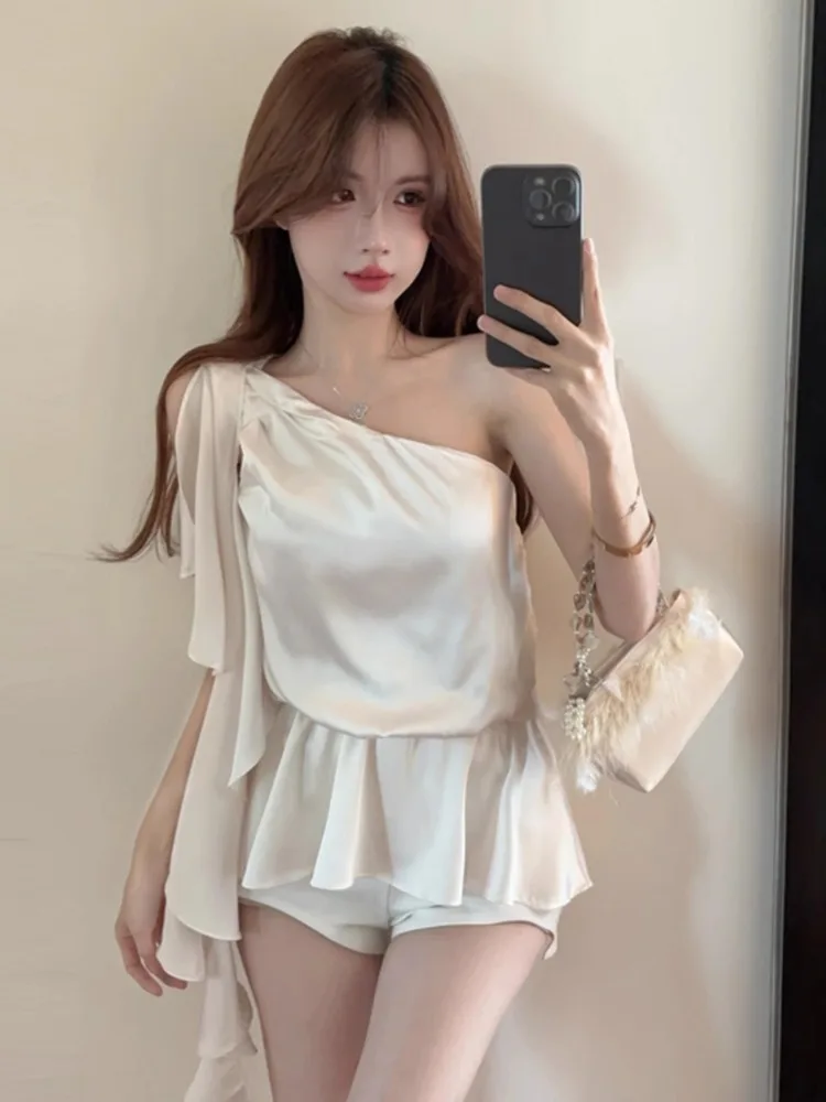 Ezgaga Women Shirts Satin Ribbon Irregular Off Shoulder Sleeveless Diagonal Collar Ruffles Sweet Elegant Blouse FemaleTops