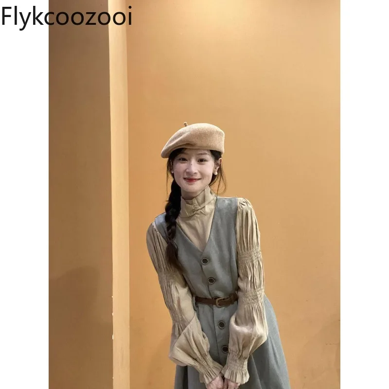 

Lady Elegant V-neck Single Breasted Tank Dress Set Half High Collar Puff Sleeve Shirt Autumn Female Premium Chic Two Pieces