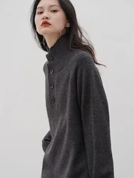 Grey cashmere high neck high-end fashion knitted dress, retro soft and sticky wind wool dress, women's autumn and winter inner w