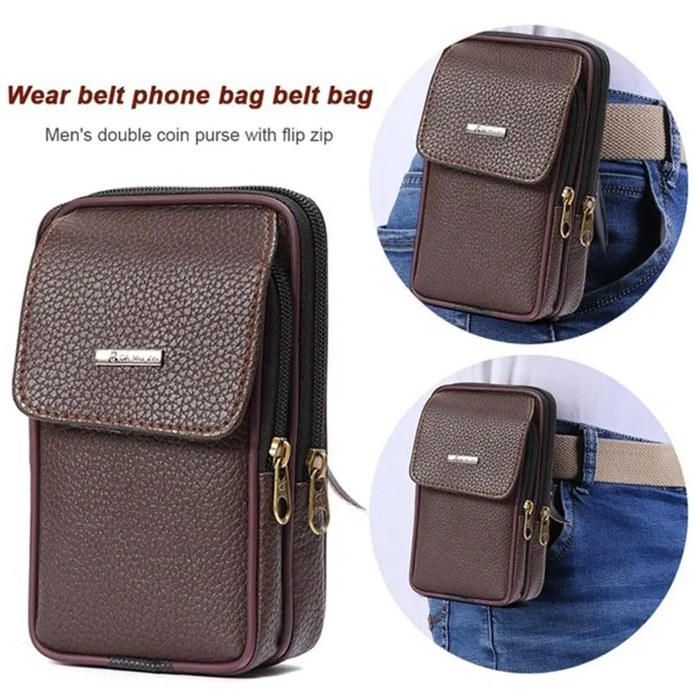 Leather Dual Men Belt Waist Bag Wallet Mobile Phone Bag For Middleaged And Elderly Phone Belt Clip Case For All Models Cellphone