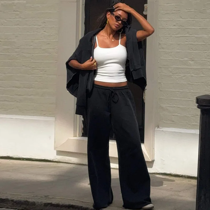 XIAOTANG Hooded Sweatshirt Celana Panjang Kasual 2 Potong Set Fashion Wanita Musim Gugur Sweatshirt Ritsleting dan Celana Panjang Tali Serut Set