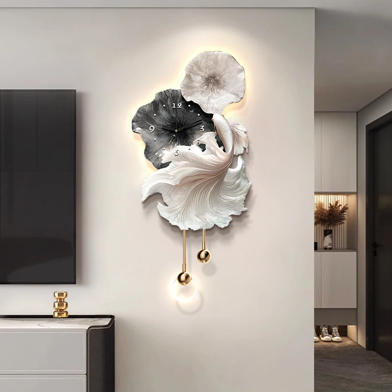 

Luxury-luxurious living room LED wall lamp, three-dimensional clock pendant, entrance wall high-end feeling koi fish mural lamp
