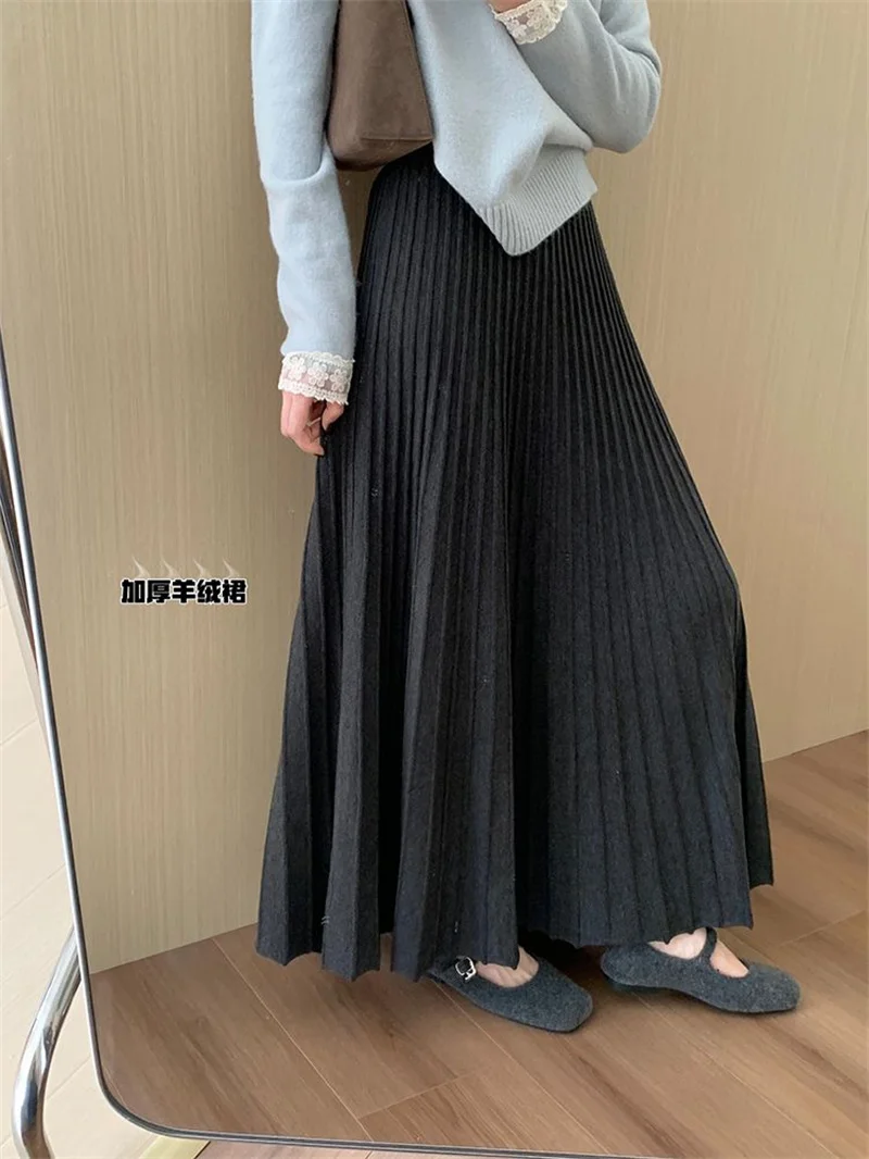 

Women Skirt Solid Simple Elegant Korean Knitted Long Skirt Black A-line High Waist Casual Pleated Skirt Winter Spring Autumn
