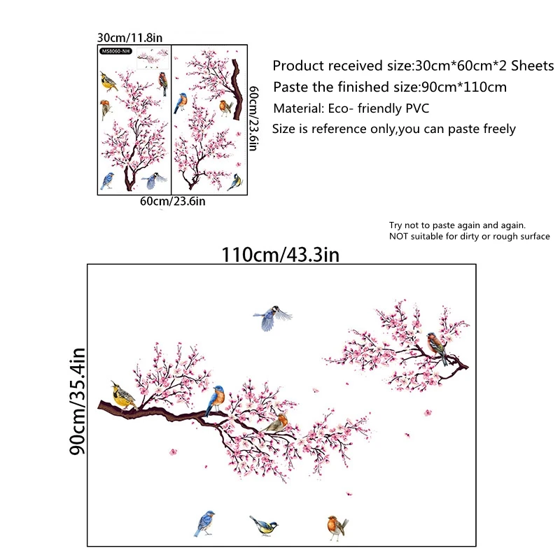 Pink Peach Flowers Wall Decals Cherry Blossom Tree Branches Wall Stickers DIY Removable Flying Birds Decor for Living Room Decor