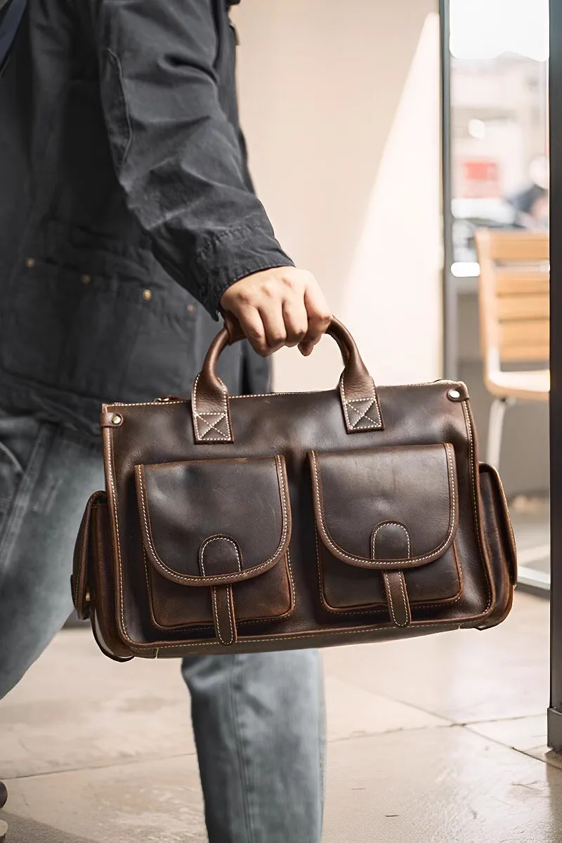 Nupugoo Vintage Echt leder Herren Aktentasche Umhängetasche verrückte Pferd Leder Handtasche mit 16-Zoll-Laptop – Detail 3