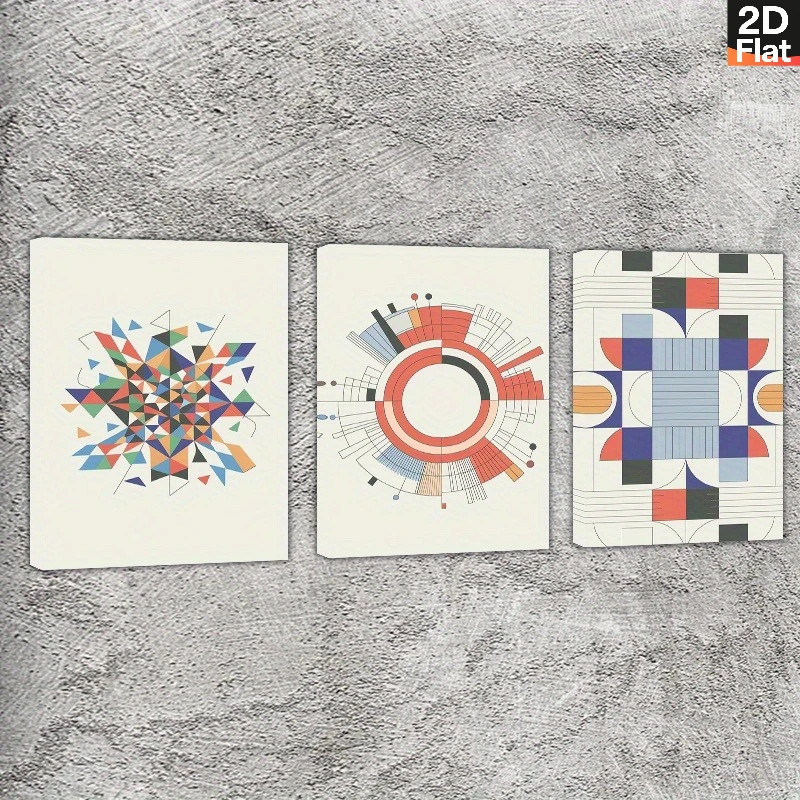 Affiche sur toile 2D plate et sans cadre, 3 pièces, Art mural prêt à accrocher, captivant formes géométriques et couleurs harmonieuses, peinture à l'huile