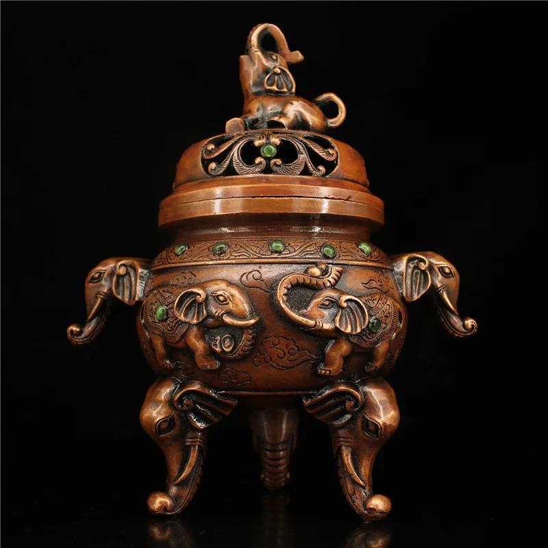 

Guyunzhai Purple Bronze Incense Burner Brass Incense Burner Hand-Inlaid Gem Elephant Binaural Three-Legged Stove Incense Burner