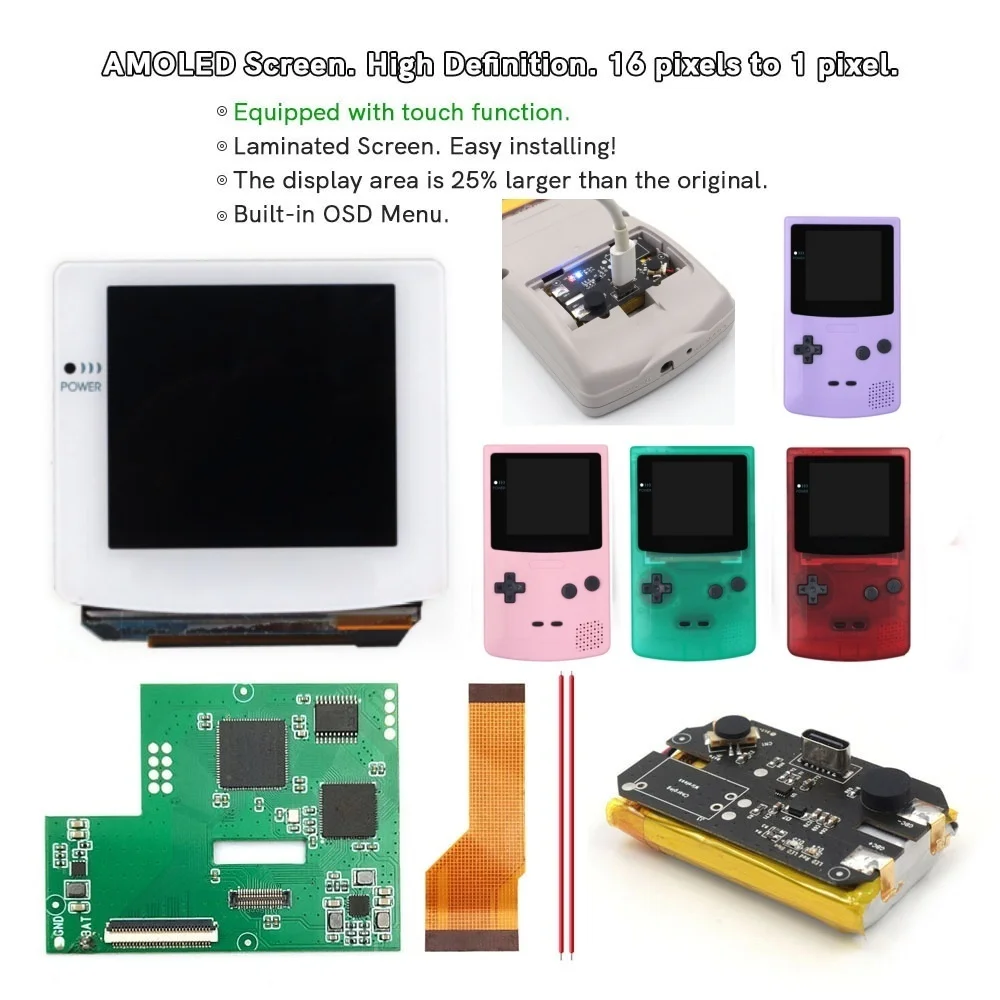 White OLED Screen Type C Rechargeable Touch Laminated AMOLED Screen Drop in For GBC GameBoy Color w/Pre-cut Shell Battery